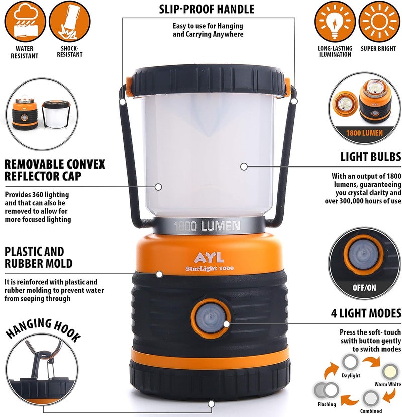 AYL LED Camping Lantern, Battery Powered LED 1800LM, 4 Camping Lights Modes, Perfect Lantern Flashlight for Hurricane, Emergency Light, Storm, Power Outages, Survival Kits, Hiking, Fishing, Tent, Home - Image 2